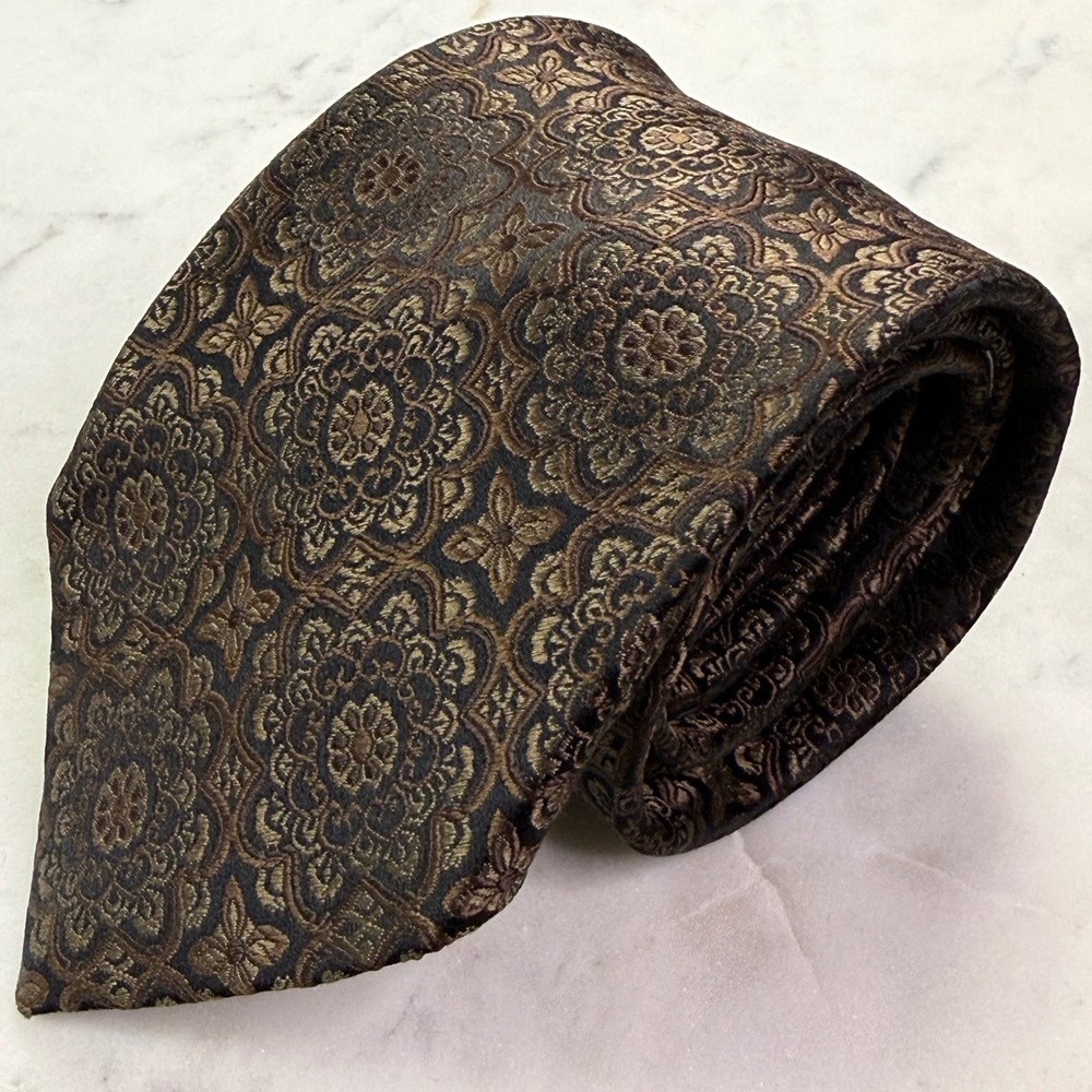 Haines & Bonner Tie Mens OS Brown Bronze Medallion Silk Jacquard Formal Classic